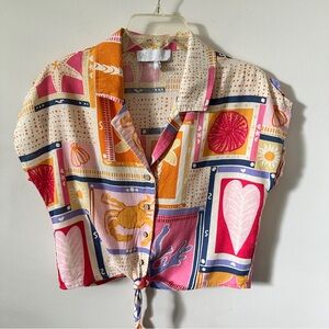 C&C California | Cropped Linen Blend Button Down Short Sleeve Shirt size Small